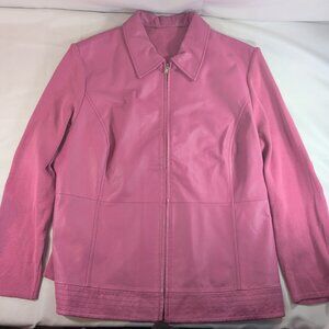 Pink Silk Leather Jacket Coat Full Zip Long Sleeve Women's Large L M-L Collar